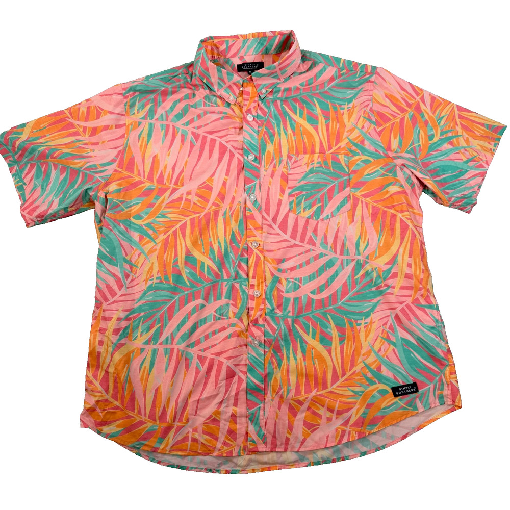 Simply Southern Tropical Button Down Shirt men's XL Short Sleeve Pink Green Palm